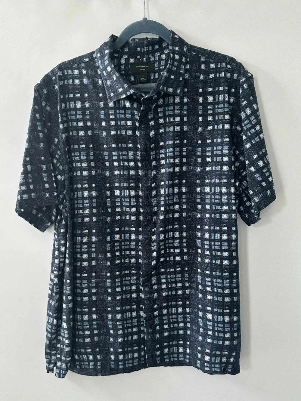 Banana Republic Navy Blue Square Pattern Large Slim Fit Men's Short Sleeve Shirt